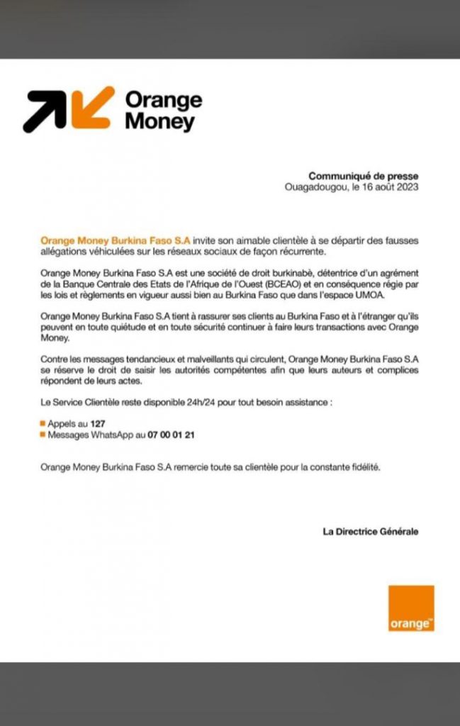 Commiuniqué Orange Burkina sur la meme fausse information concernant Orange Money Burkina 